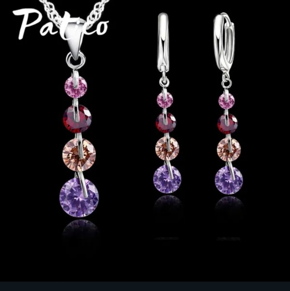 NWT Stamped 925 Necklace & Earrings Set W Multi Colored Drop Austrian Crystals!